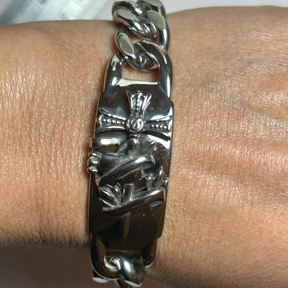 Jewelry - Wide Cross Sword Silver Stainless Steel ID Chain Bracelet Goth Punk Rock…